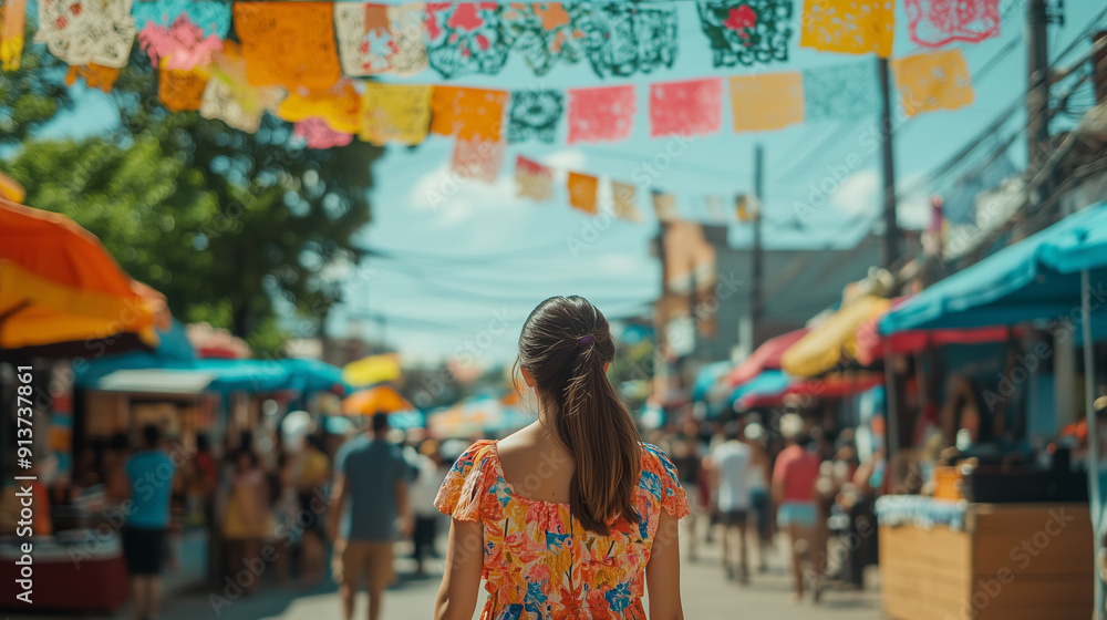 A woman is walking down a street with many people and colorful banners A woman is walking down a street with many people and colorful banners