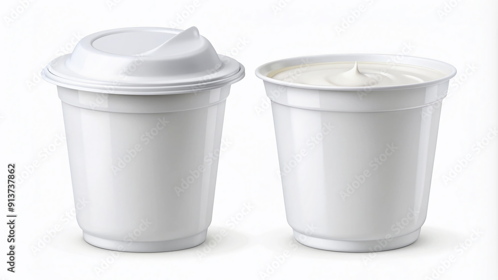 Illustrated yogurt container packaging mockup in vector format, showcasing top and side views on a white background, ideal for presenting product designs and ideas. Illustrated yogurt container packaging mockup in vector format, showcasing top and side views on a white background, ideal for presenting product designs and ideas.