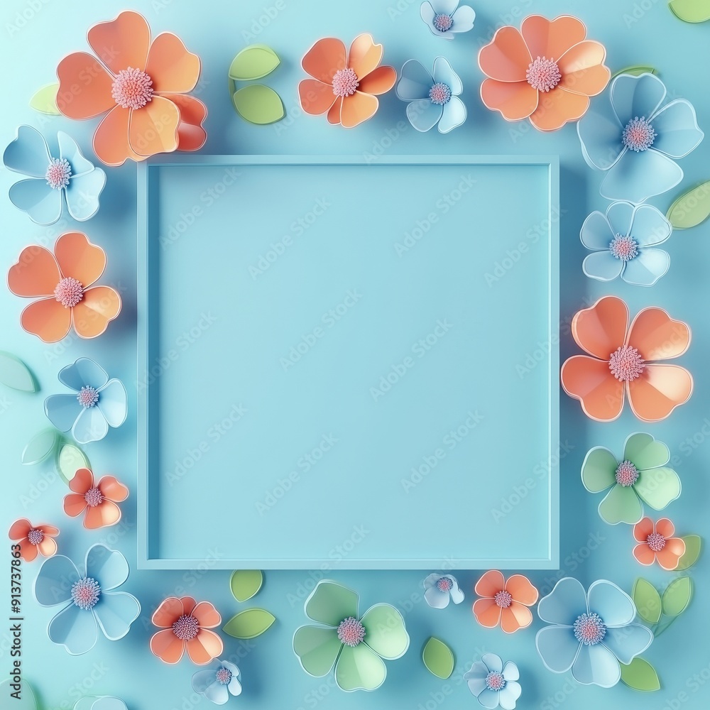 Flower frame on pastel blue background for Mother's Day, Easter, Valentine's Day greeting cards. Flat lay, top view. Flower frame on pastel blue background for Mother's Day, Easter, Valentine's Day greeting cards. Flat lay, top view.