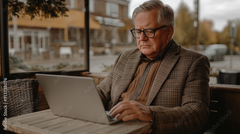 An older man is sitting at a table with a laptop, looking at the screen An older man is sitting at a table with a laptop, looking at the screen