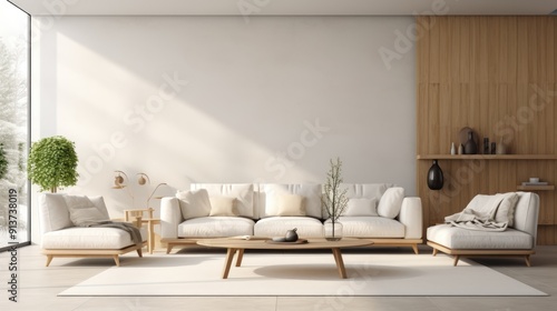 Modern interior with white sofa panorama 3d render