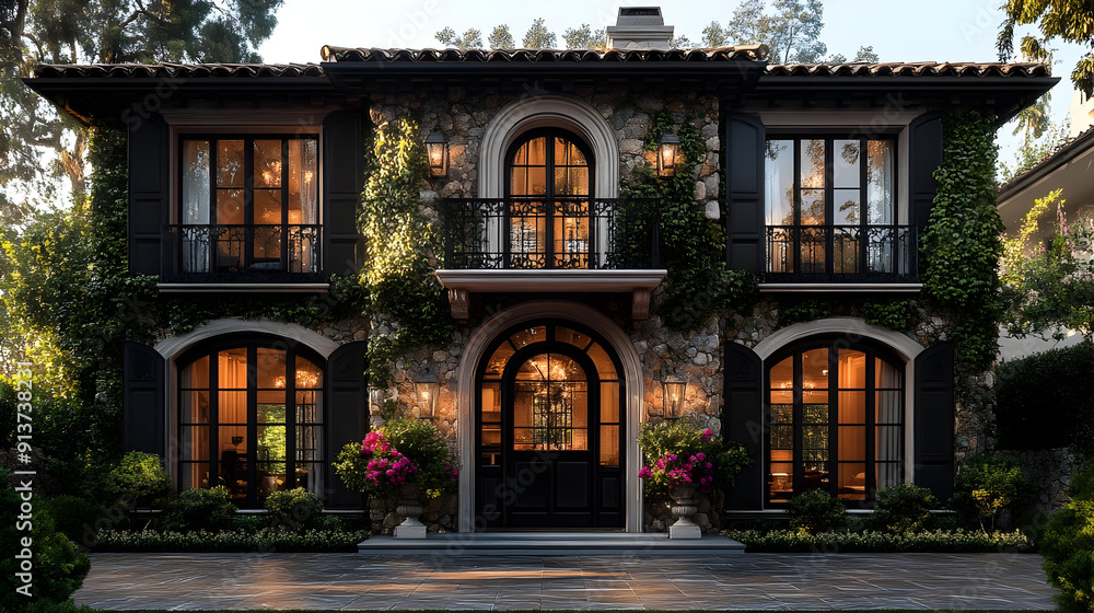Luxury Stone Mansion with Balcony and Arched Windows - 3D Render Luxury Stone Mansion with Balcony and Arched Windows - 3D Render