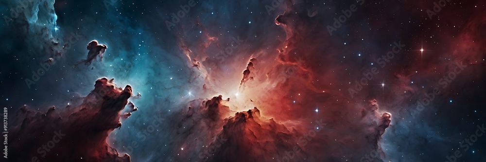 Fototapeta premium Unique space illustration background red and blue themed nebulas and interstellar clouds with stars in distance