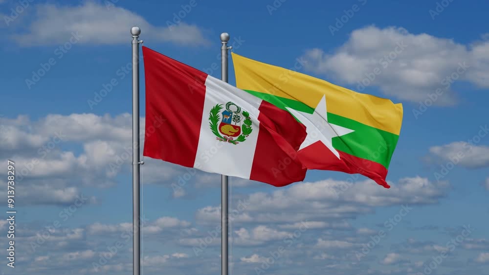 Myanmar aka Burma and Peru flags flying together, video concept of the relationship, two country relations concept Myanmar aka Burma and Peru flags flying together, video concept of the relationship, two country relations concept