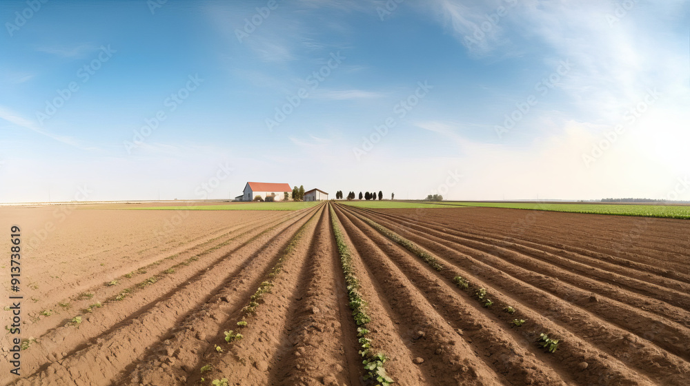Panoramic view of a potato field at sunset. Expansive rows of potato plants, rich soil, dynamic sunset colors, detailed plant texture, natural shadows Panoramic view of a potato field at sunset. Expansive rows of potato plants, rich soil, dynamic sunset colors, detailed plant texture, natural shadows