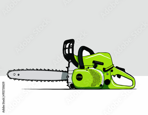 Side view green chainsaw realistic on white