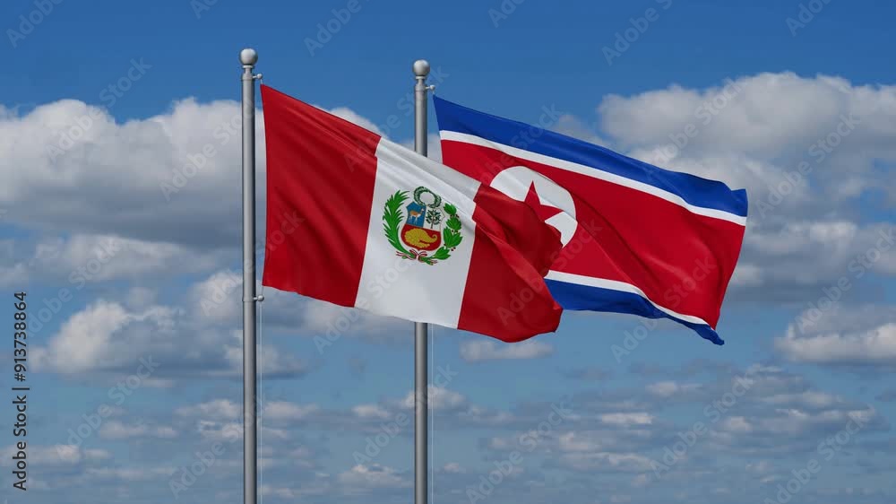 North Korea and Peru flags flying together, video concept of the relationship North Korea and Peru flags flying together, video concept of the relationship