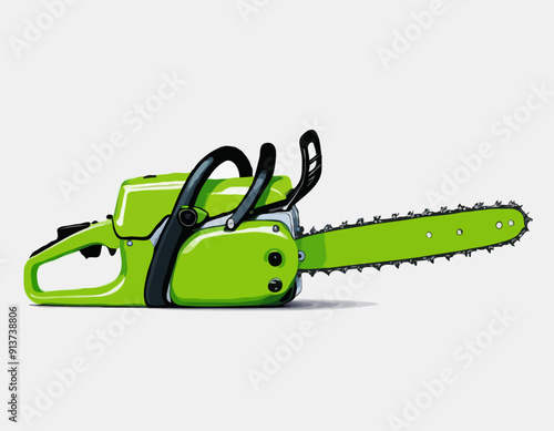Side view green chainsaw realistic on white