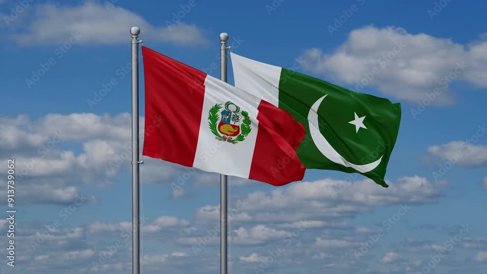 Pakistan and Peru flags flying together, video concept of the relationship, two country relations concept Pakistan and Peru flags flying together, video concept of the relationship, two country relations concept