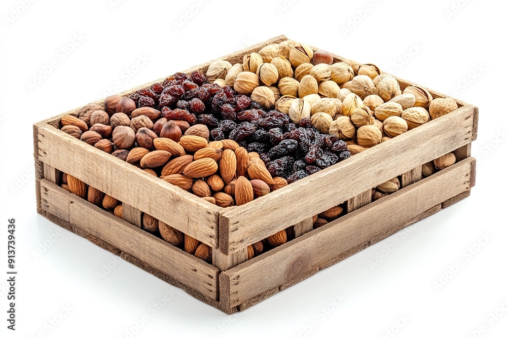 Wooden crate with assorted nuts and dried fruits isolated on white background Wooden crate with assorted nuts and dried fruits isolated on white background