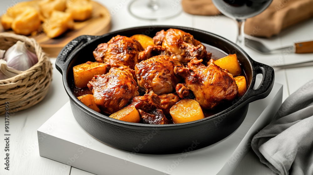 Traditional Spanish food Pollo al Ajillo. This dish features chicken pieces cooked with garlic and potatoes in a black cast iron dish, surrounded by a cozy dining setup. Traditional Spanish food Pollo al Ajillo. This dish features chicken pieces cooked with garlic and potatoes in a black cast iron dish, surrounded by a cozy dining setup.