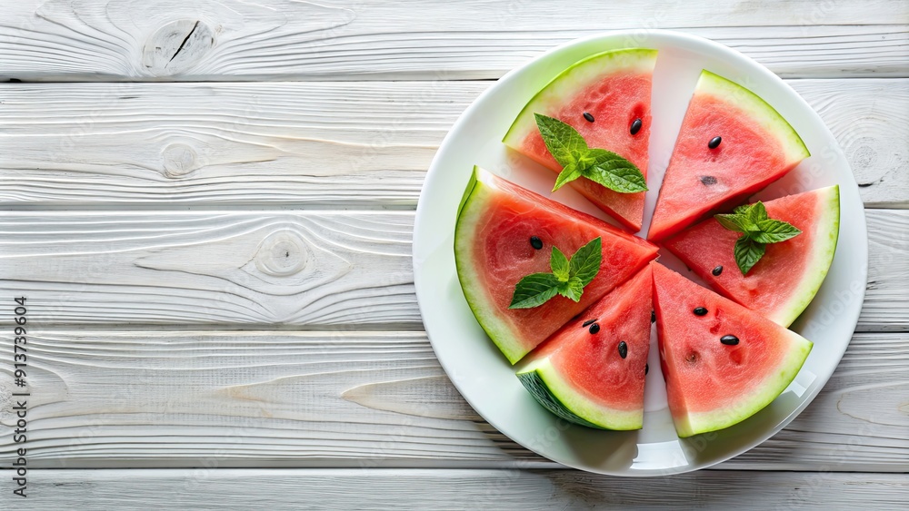 Fresh watermelon slices on a white plate, refreshing, summer, fruit, juicy, red, sweet, snack, healthy, colorful, ripe Fresh watermelon slices on a white plate, refreshing, summer, fruit, juicy, red, sweet, snack, healthy, colorful, ripe