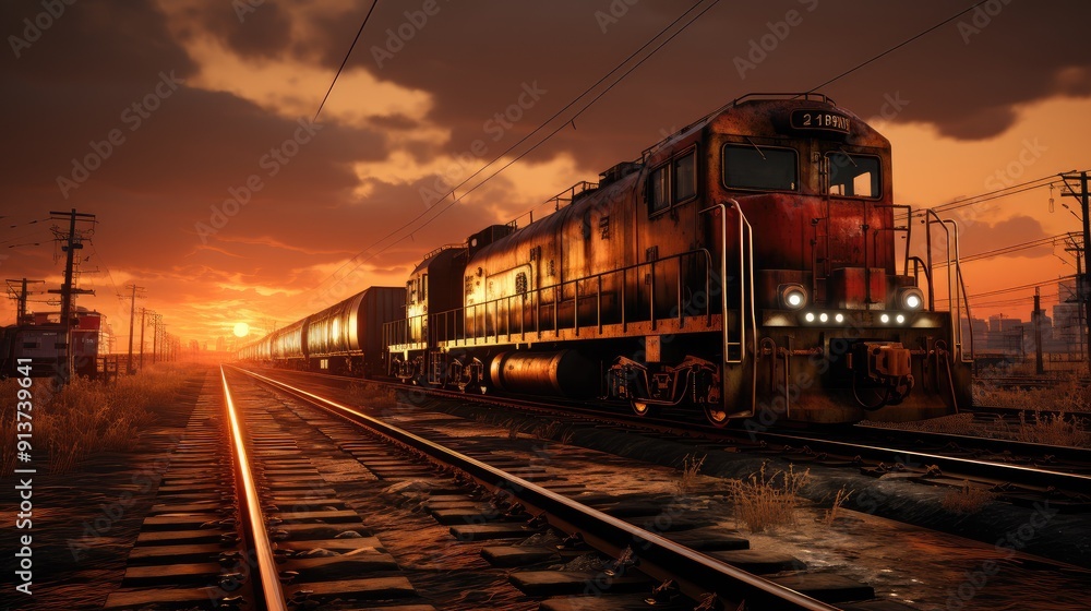 Fototapeta premium Rusty freight train on tracks during sunset. Suitable for transportation themed designs, industrial concepts, and vintage railroad illustrations.