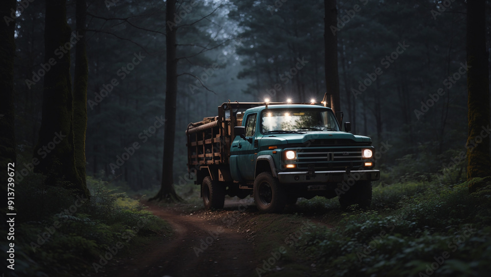 Obraz premium a green truck with a large canopy, parked in a dark forest.