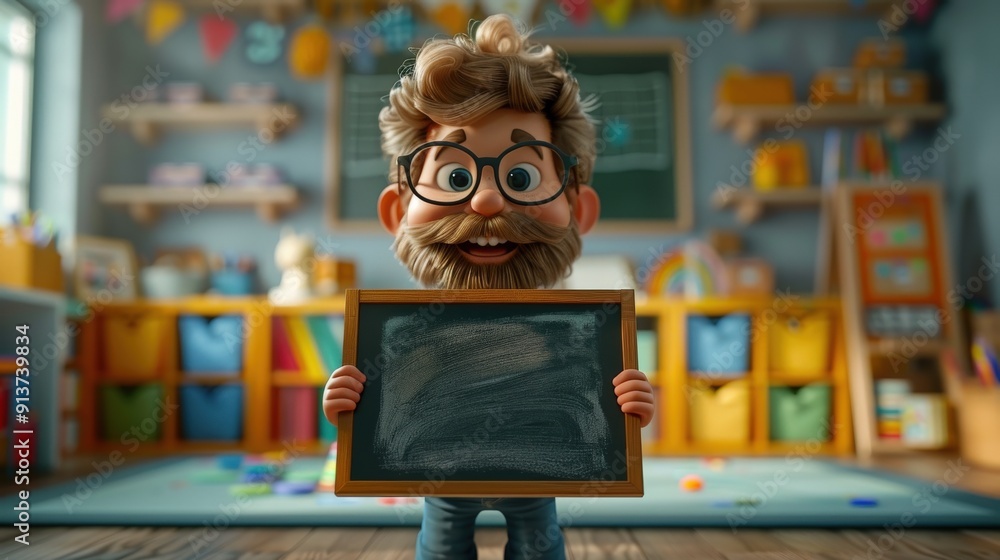 Dynamic 3D clipart of a teacher holding a chalkboard, positioned in a bright and colorful classroom with a white background, exuding a sense of enthusiasm and educational expertise Dynamic 3D clipart of a teacher holding a chalkboard, positioned in a bright and colorful classroom with a white background, exuding a sense of enthusiasm and educational expertise