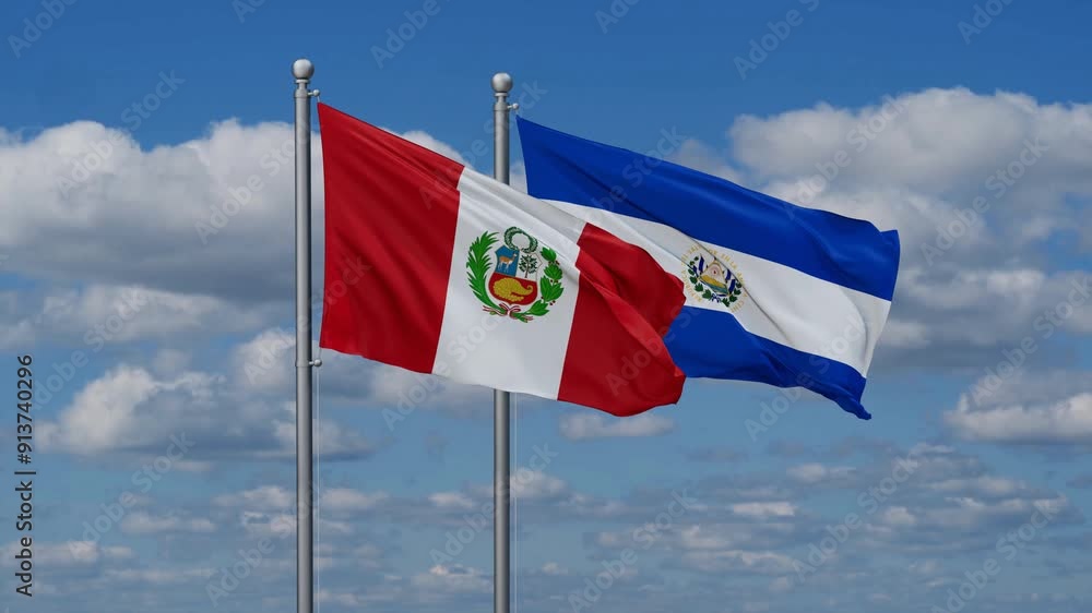 Republic of El Salvador and Peru flags flying together, video concept of the relationship, two country cooperation concept Republic of El Salvador and Peru flags flying together, video concept of the relationship, two country cooperation concept