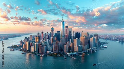 A bird seye view of New York City skyline, iconic urban landscape, framed by elegant black borders, isolated on white background photo