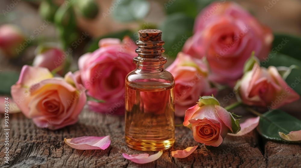 rose flowers and oil in a glass bottle ai rose flowers and oil in a glass bottle ai