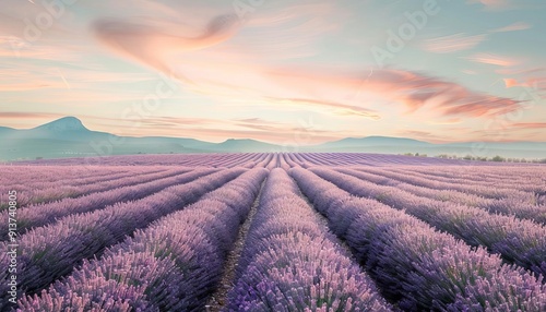 A serene view of the lavender fields, Provence, France, beautiful floral landscape, framed by classic white borders, isolated on white background