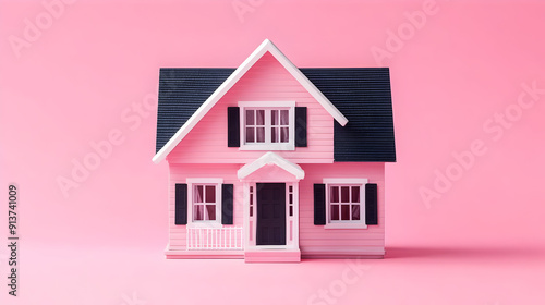 Pink toy house on pink background.