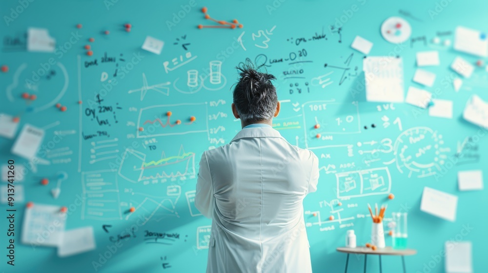 A scientist standing in front of a whiteboard covered in data and charts, representing the analysis of knowledge in scientific research. A scientist standing in front of a whiteboard covered in data and charts, representing the analysis of knowledge in scientific research.