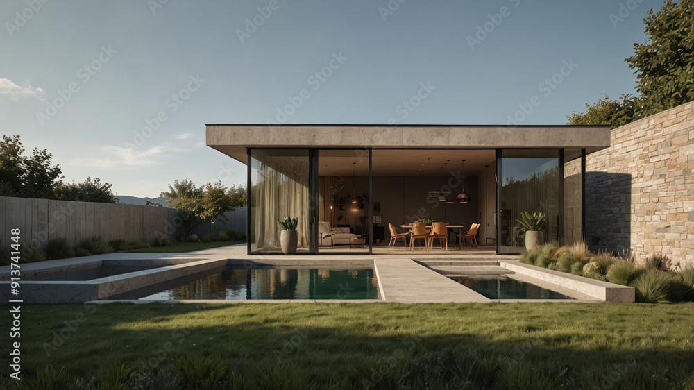 Modern minimalist house with glass walls and a serene backyard pool area Modern minimalist house with glass walls and a serene backyard pool area