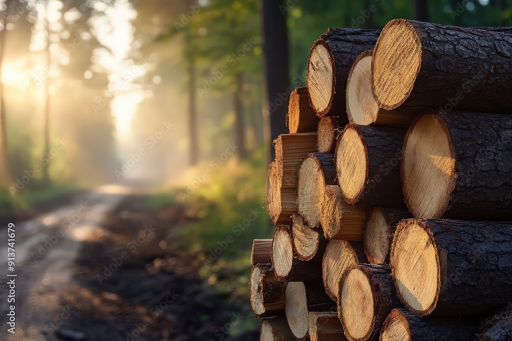 Stacked Logs on Forest Path at Sunrise Stacked Logs on Forest Path at Sunrise