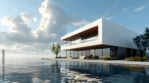 Modern Minimalist House with Pool and Ocean View 3D Illustration