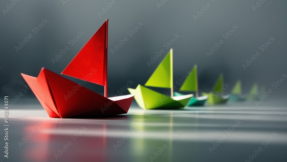 Leadership concept with red paper ship leading among green origami boats Leadership concept with red paper ship leading among green origami boats