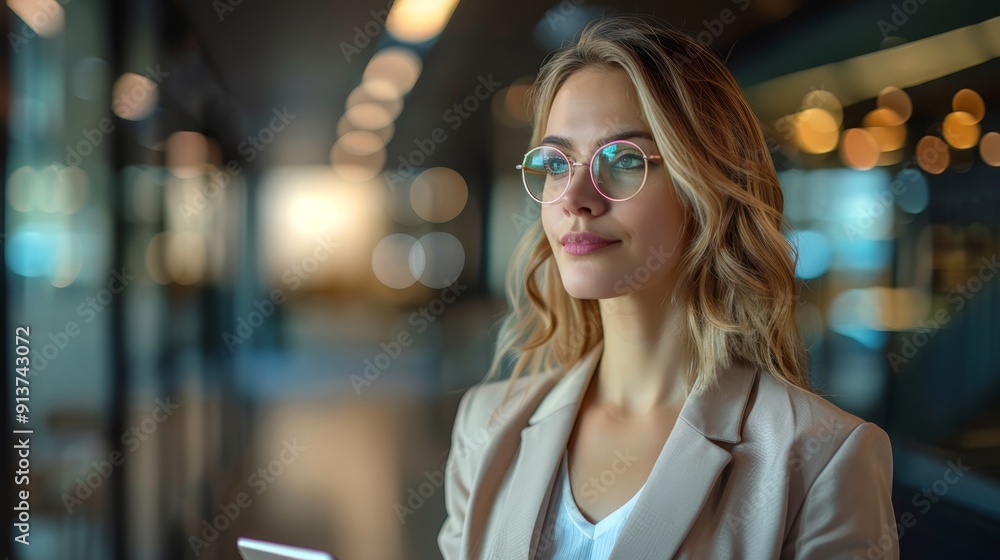 A woman in a suit, wearing glasses, gazes at her cell phone in front of a nighttime building A woman in a suit, wearing glasses, gazes at her cell phone in front of a nighttime building