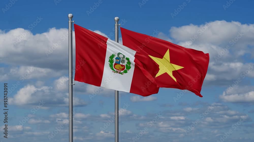 Vietnam and Peru flags flying together, video concept of the relationship Vietnam and Peru flags flying together, video concept of the relationship
