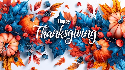Vibrant autumn leaves and pumpkins with happy thanksgiving message artfully designed