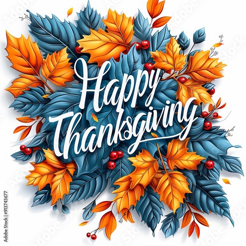 Colorful thanksgiving leaves and berries with joyful greeting celebrating autumn season