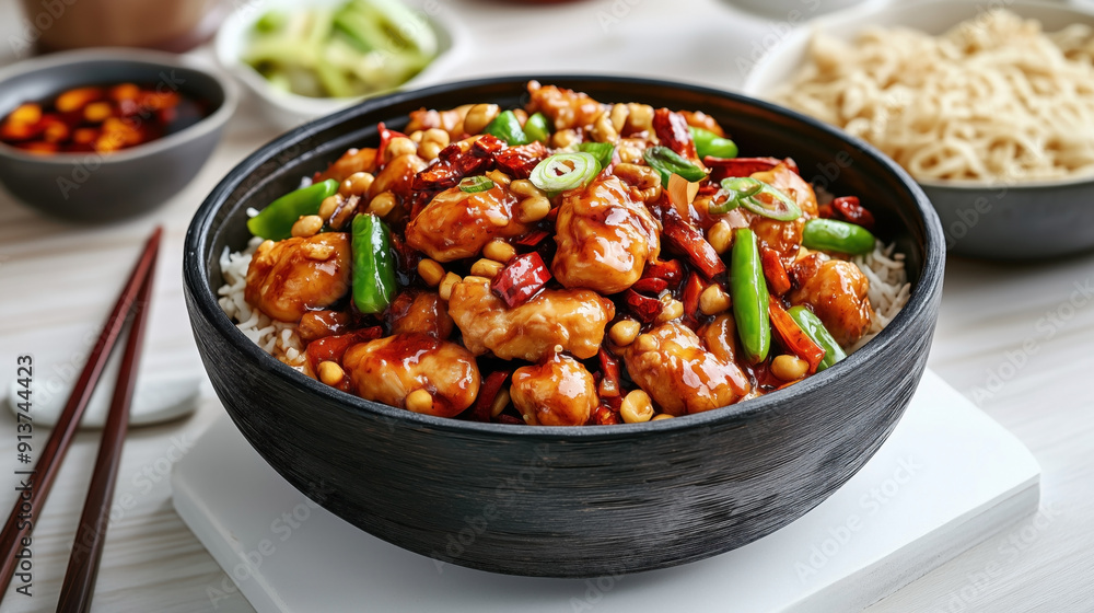 Traditional Chinese food Kung Pao Chicken with chicken, peanuts, dried chilies, and bell peppers in a savory sauce, served in a black bowl over white rice. Traditional Chinese food Kung Pao Chicken with chicken, peanuts, dried chilies, and bell peppers in a savory sauce, served in a black bowl over white rice.