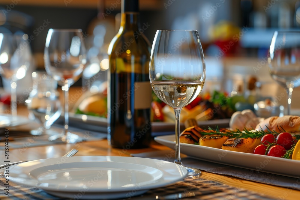 Fototapeta premium Dinner table with white wine, fresh produce