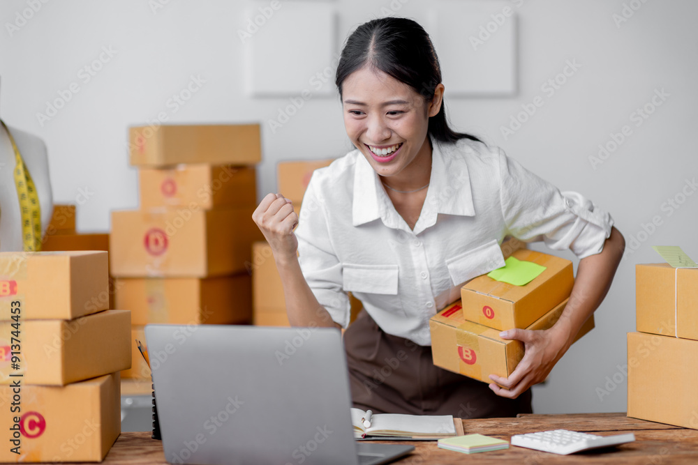 Excited happy asian woman working for smeproduction online at home with her laptop,she’s sme online seller. Excited happy asian woman working for smeproduction online at home with her laptop,she’s sme online seller.
