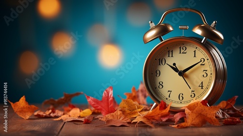 Vintage Alarm Clock Surrounded by Autumn Leaves