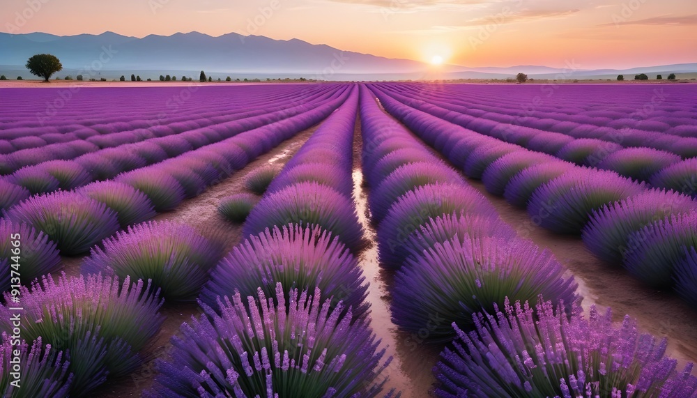 Obraz premium Expansive lavender field at sunset, with rows of vibrant lavender plants bathed in warm, golden light, creating a stunning and tranquil scene.