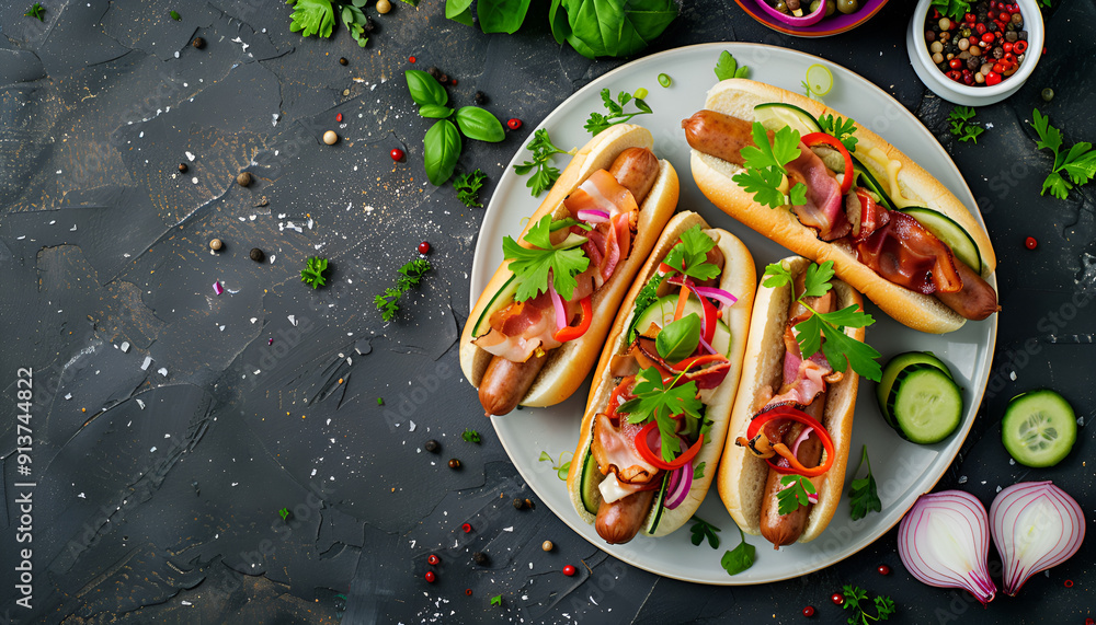 Hot dog with sausage. bacon, cucumber, tomato and red onion on white plate. Top view. Flat lay Hot dog with sausage. bacon, cucumber, tomato and red onion on white plate. Top view. Flat lay