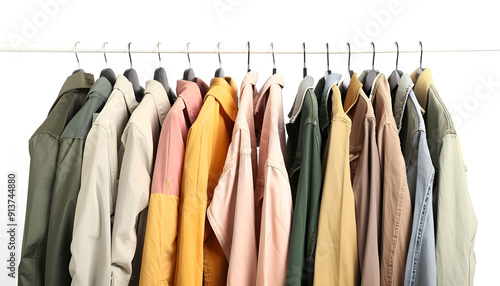 Dry-cleaning service. Many different clothes hanging on rack against white background, space for text