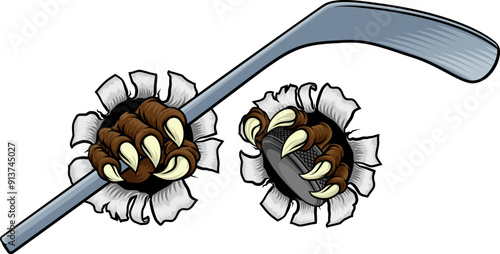An ice hockey claw sports illustration of an eagle or animal monster hand holding a hockey stick and puck
