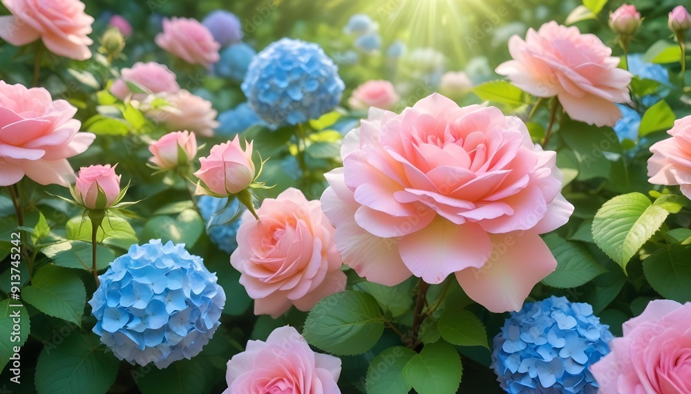 Fototapeta premium Close-up of beautiful flowers growing in a park, captured with a macro lens in soft daylight. Showcasing a vibrant and detailed floral scene