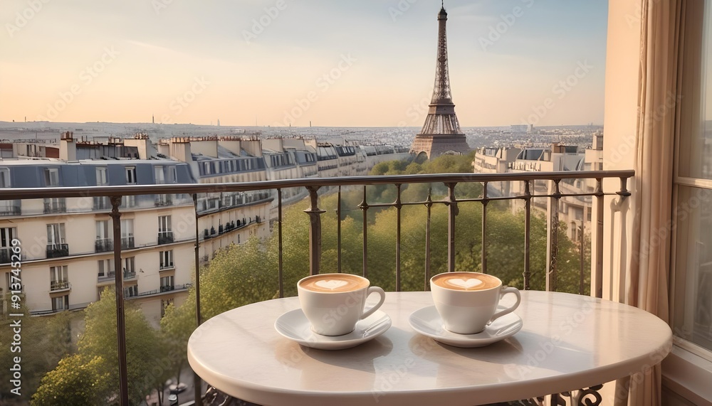 Fototapeta premium Morning coffee on a balcony with a view of the Eiffel Tower, captured with a standard lens in soft morning light. Showcasing a serene and stylish Parisian scene.