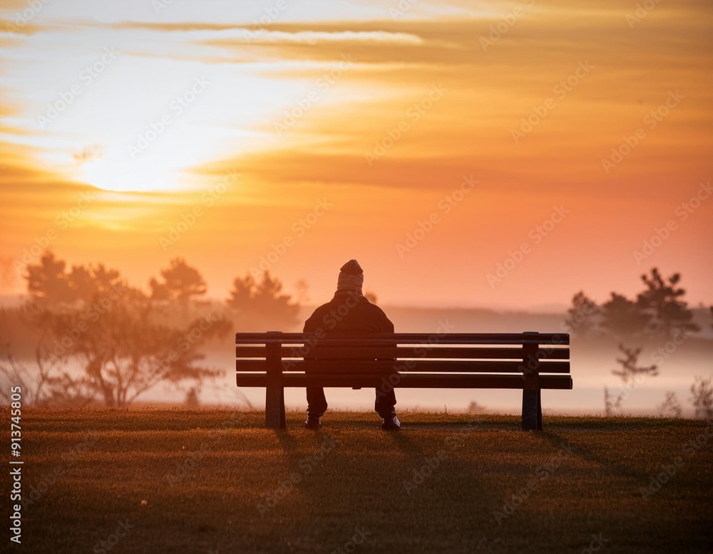 A solitary figure sitting on a park bench in deep contemplation, surrounded by the soft glow A solitary figure sitting on a park bench in deep contemplation, surrounded by the soft glow