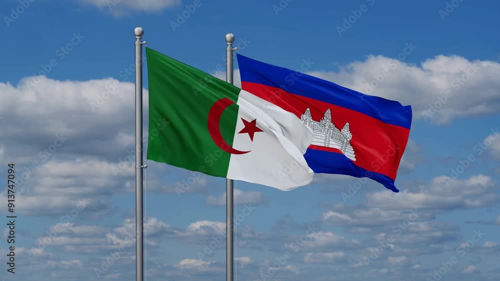 Cambodia and Algeria flags flying together, video concept of the relationship, two country relations concept Cambodia and Algeria flags flying together, video concept of the relationship, two country relations concept