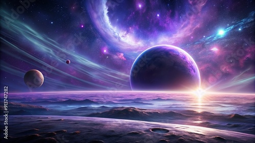 Surreal futuristic space scene with a purple planet , space, futuristic, surreal,purple, planet, stars photo