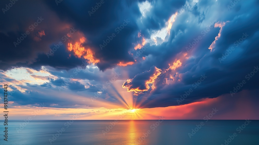 Dramatic Sunset Over Calm Ocean With Sun Rays And Storm Clouds Dramatic Sunset Over Calm Ocean With Sun Rays And Storm Clouds