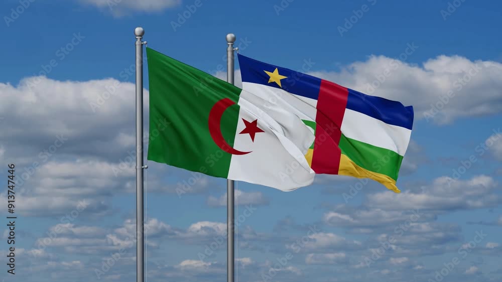 Central African Republic and Algeria flags flying together, video concept of the relationship, two country relations concept Central African Republic and Algeria flags flying together, video concept of the relationship, two country relations concept