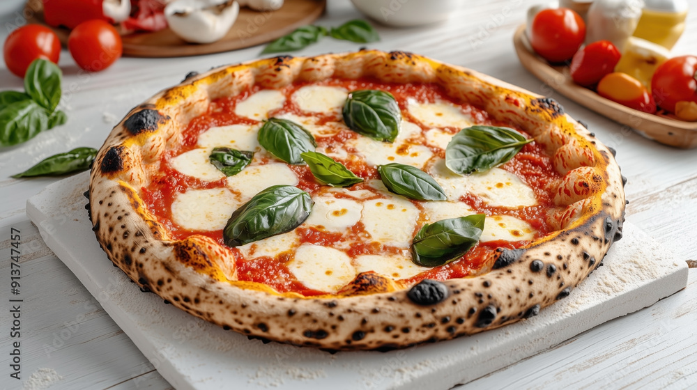 Traditional Italian food Margherita Pizza featuring a charred crust, tomato sauce, melted mozzarella cheese, and fresh basil leaves, displayed on a white surface. Traditional Italian food Margherita Pizza featuring a charred crust, tomato sauce, melted mozzarella cheese, and fresh basil leaves, displayed on a white surface.