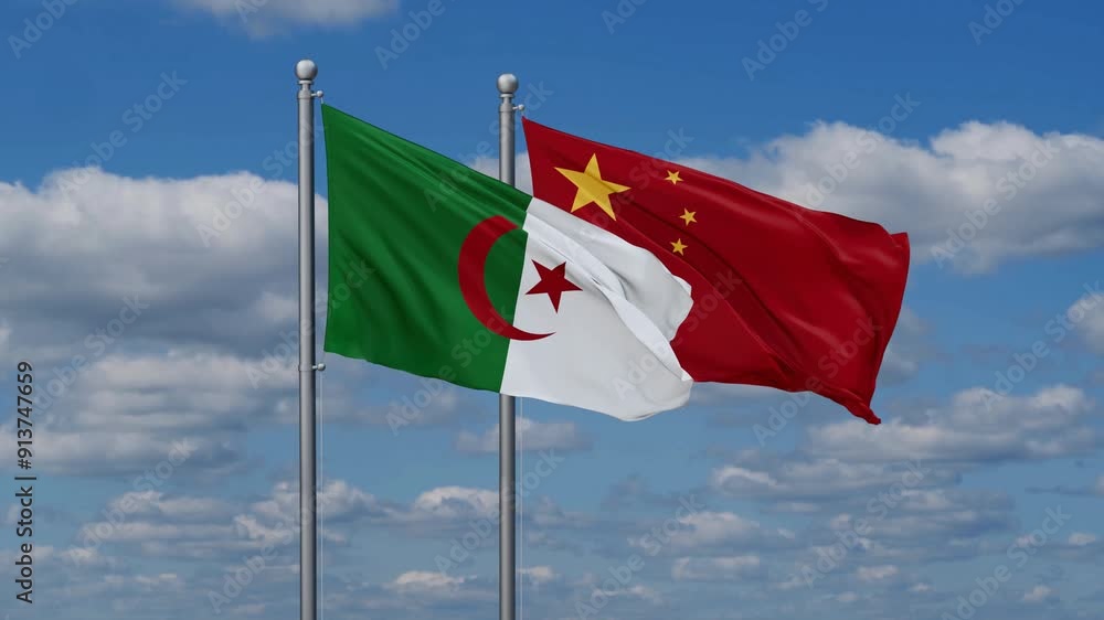 China and Algeria flags flying together, video concept of the relationship, two country relations concept China and Algeria flags flying together, video concept of the relationship, two country relations concept
